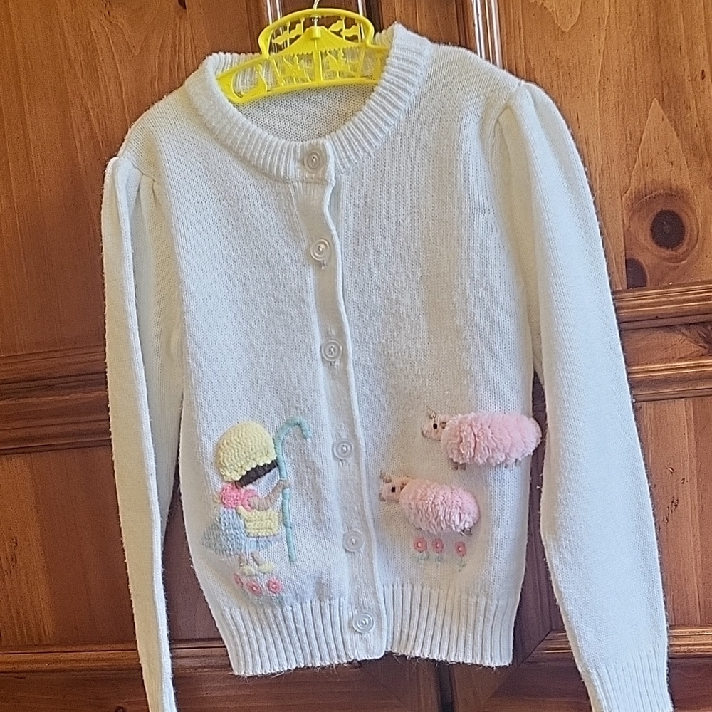 White and Pink Knitted Cardigan Sweater with Animal Appliqué